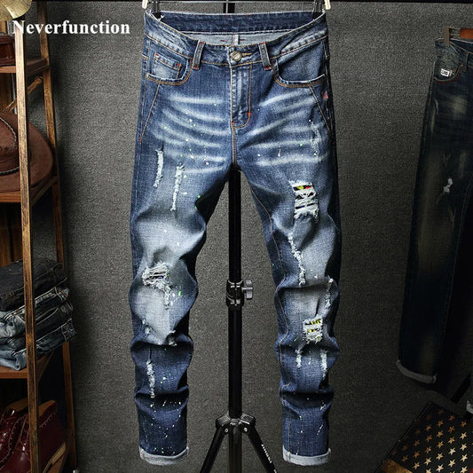 2023 Men Hip Hop Ripped distressed Stretch Slim Fit Jeans Trousers streetwear man holes Ink printed Casual beggar Denim pants
