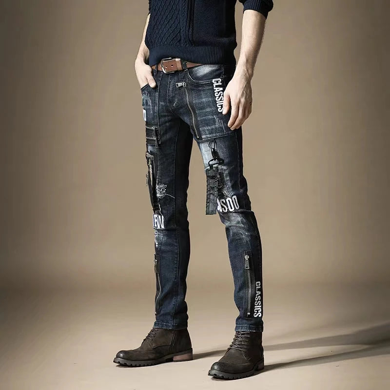Free Shipping New 2020 men's male jeans brand slim European tide brand Slim hole metal punk style hip hop denim trousers pants