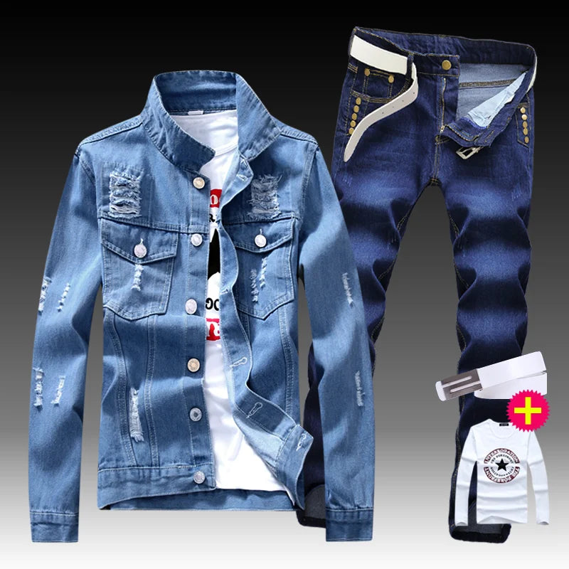 New Men's Denim Jacket Pants 2pcs Set Single Breasted Holes Casual Coat Trousers Slim Fit Cool Boys Jackets A222