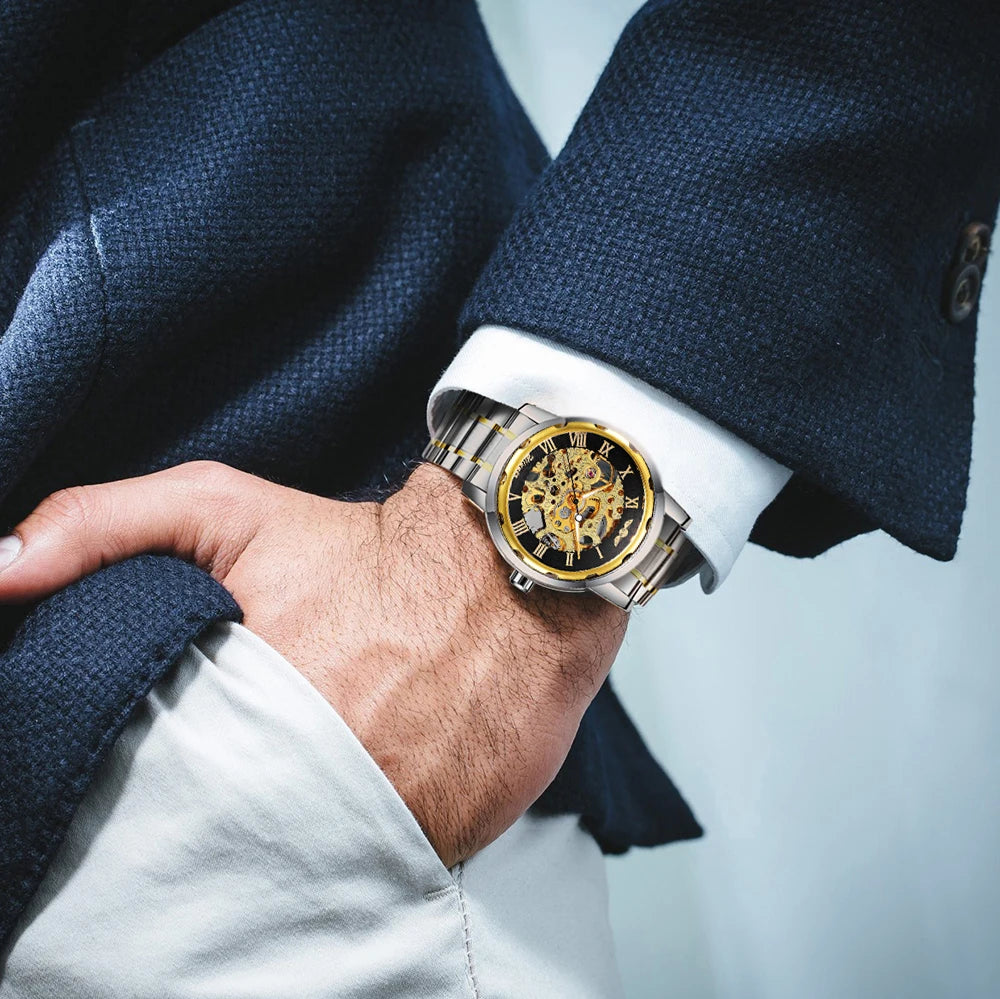 WINNER Gold Skeleton Watch for Men Mechanical Wristwatches Stainless Steel Strap Mens Watches Top Brand Luxury Male Clock 2023