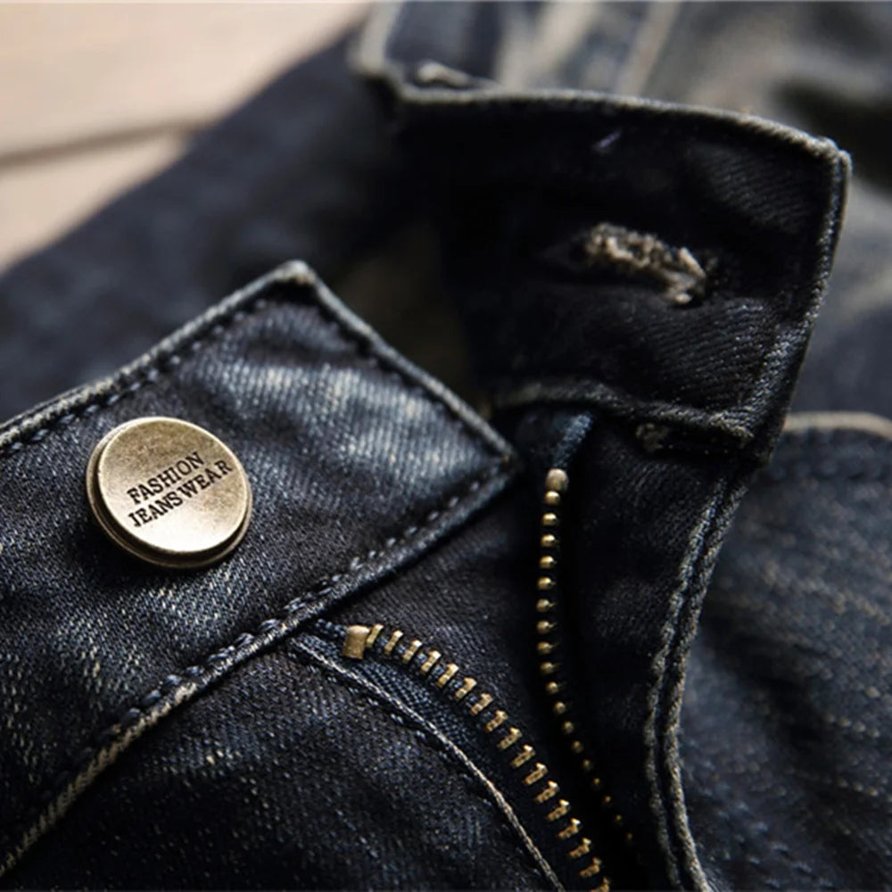 Original Design New European American Trend Men's Jeans Male Torn Sticking Cloth Stretch Small Straight Leg Fashion Denim Pants