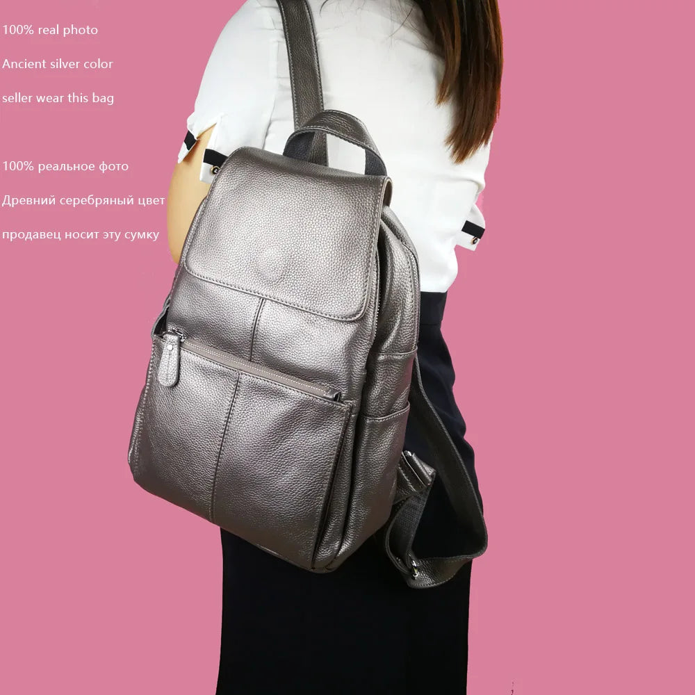 Excellent 100% Genuine Leather Beige White Yellow Silver Women Backpack Top Layer Cowhide School Book Shopping Bag Knapsack