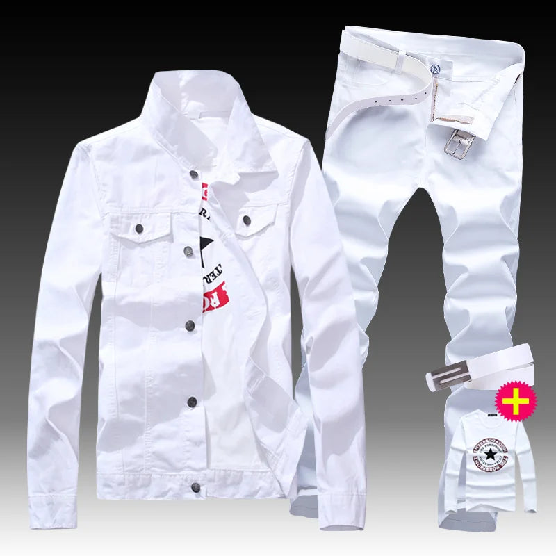 New Men's Denim Jacket Pants 2pcs Set Single Breasted Holes Casual Coat Trousers Slim Fit Cool Boys Jackets A222