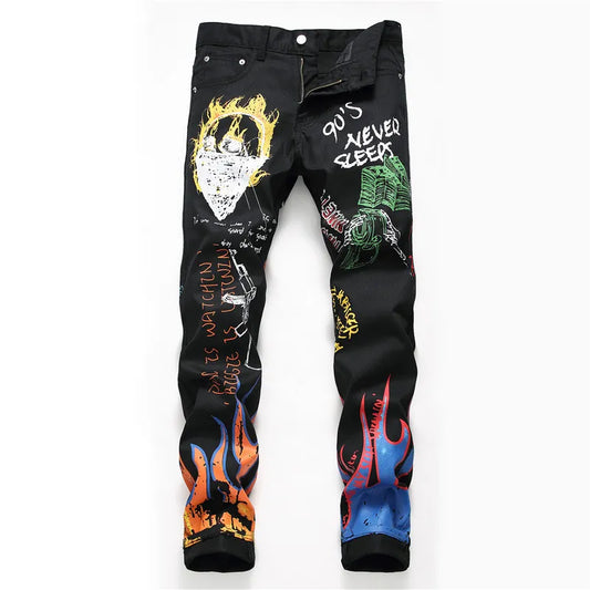 2021 Fashion New Men's Male  Letters Flame Printed Jeans Slim Straight Skull Graffiti Colored Painted Stretch Pants