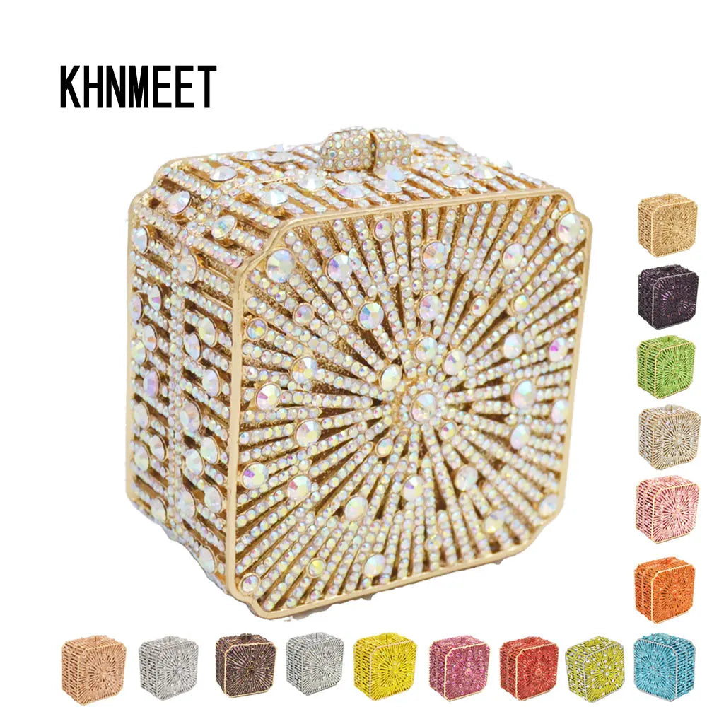 KHNMEET Female banquet Party Purse Luxury Crystal Clutch Bag Box Metal Frame Chain Women Evening Bag Girl Golden Handbags SC228