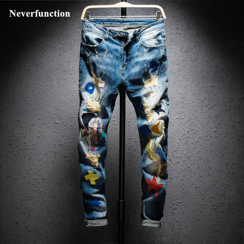Men Streetwear Hiphop Ripped embroidery Slim fit jeans Knee Holes Destroyed Man Casual Cotton joggers beggar denim pants