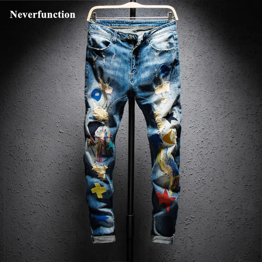 Men Streetwear Hiphop Ripped embroidery Slim fit jeans Knee Holes Destroyed Man Casual Cotton joggers beggar denim pants