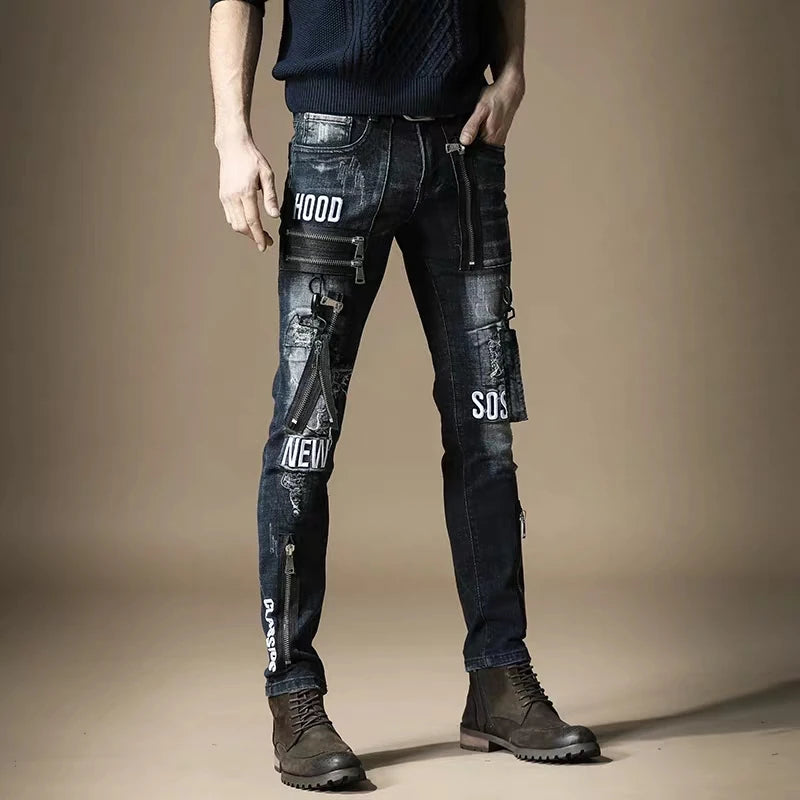 Free Shipping New 2020 men's male jeans brand slim European tide brand Slim hole metal punk style hip hop denim trousers pants