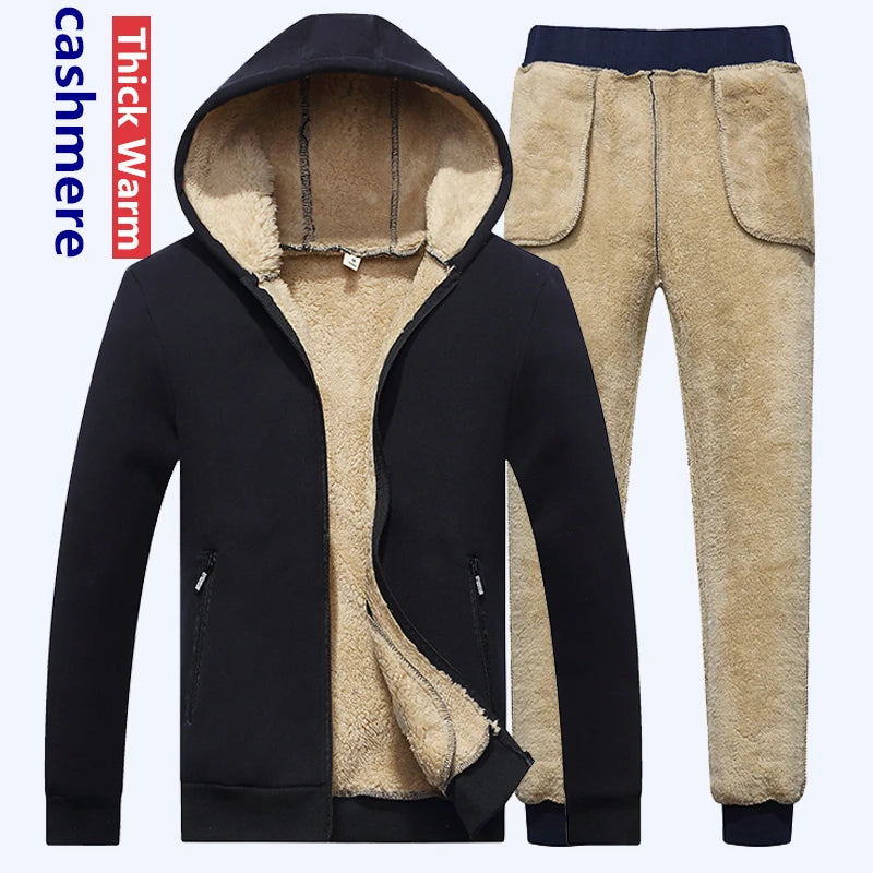 Winter Men Set Warm Thick Hooded Jacket+Pants 2PC Sets Men Lamb cashmere Hoodies Zipper Tracksuit Man Sports Suit Plus size 6XL