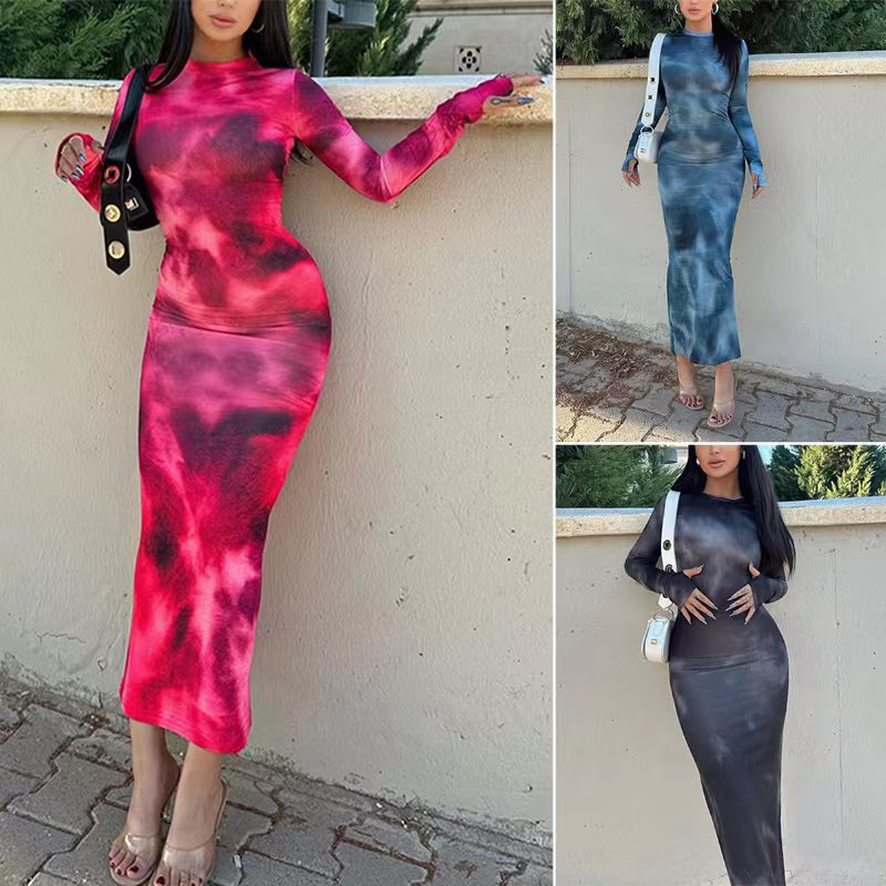 New Tie-dyed Long Sleeve Slim Fit Hot Girl Dress Women