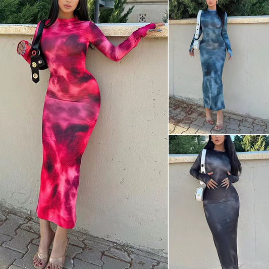 New Tie-dyed Long Sleeve Slim Fit Hot Girl Dress Women