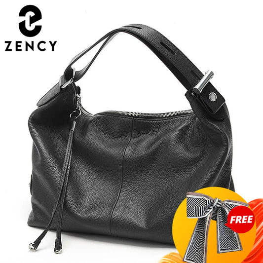 Zency 100% Genuine Leather Large Women Shoulder Bag Tote Adjustable Wide Strap White Handbag Purse Messenger Designer Bag 2023