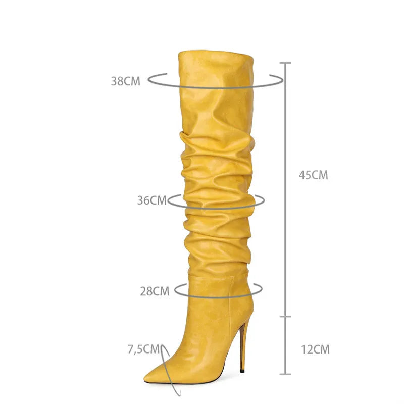 European and American Style Pointed Toe Pleated Knee-length Boots Stiletto Super High Heel Women's Shoes Size 43 Women Shoes