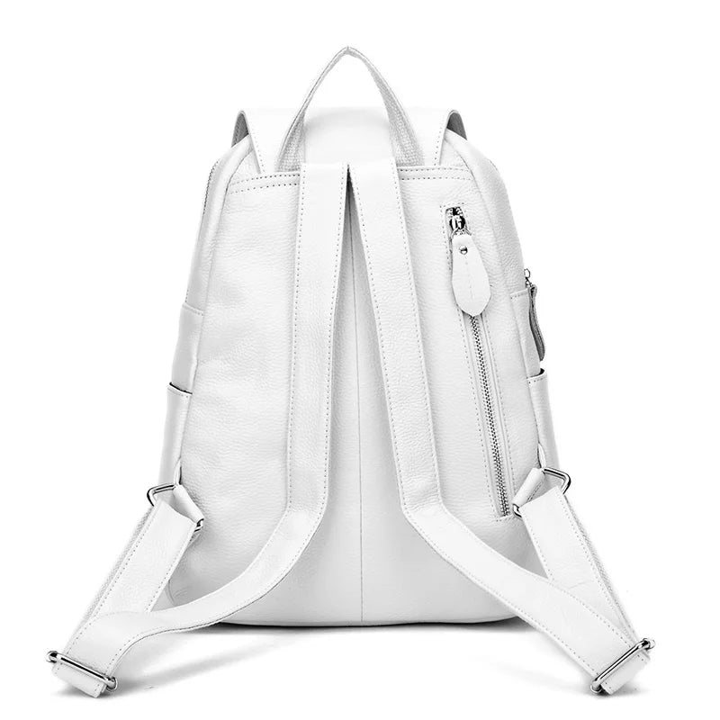 Excellent 100% Genuine Leather Beige White Yellow Silver Women Backpack Top Layer Cowhide School Book Shopping Bag Knapsack