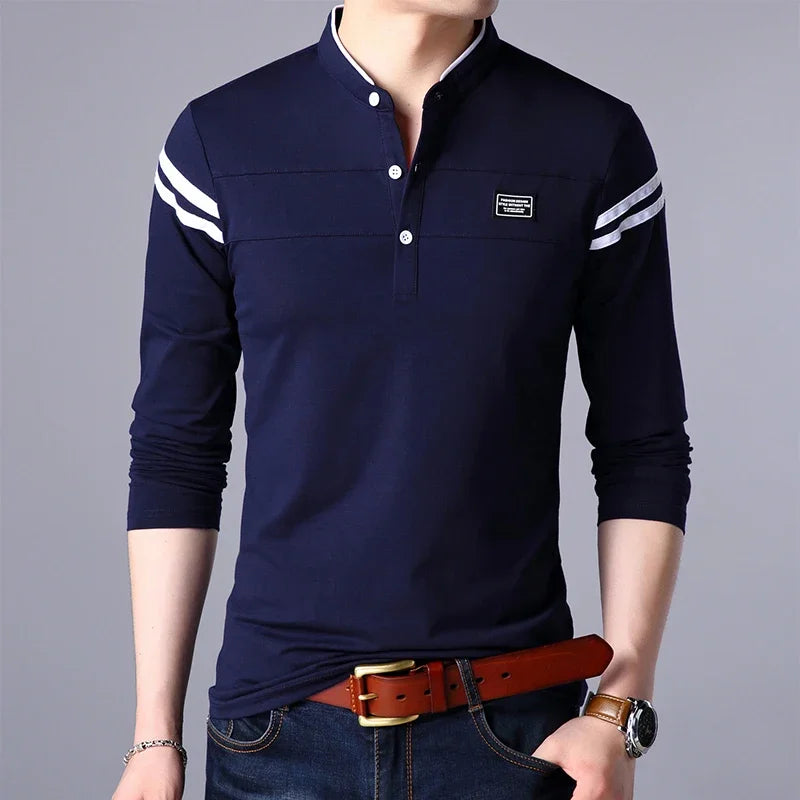 Men's Fashion Long sleeved POLO Shirt Casual Cotton Breathable Top Stand up Collar Korean Comfortable T-shirt Top