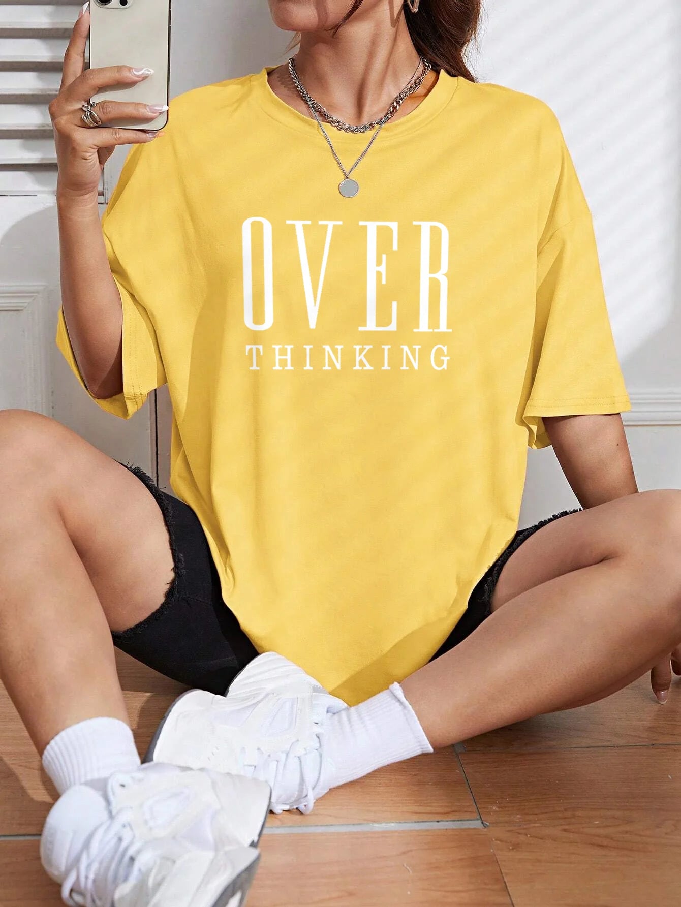 Over Thinking Letter Print Women Cotton Short Sleeve Breathable Vintage O-Neck Tops All-math Casual T-Shirts Female Tee Clothing