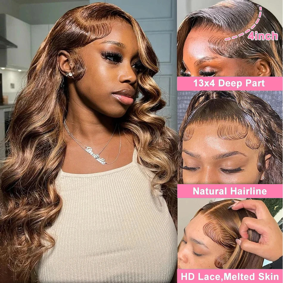 13x6 4/27 Highlight Body Wave HD Lace Frontal Wig 30 inch Curly 13x4 Transparent Lace Front Human Hair Lace Closure Wig