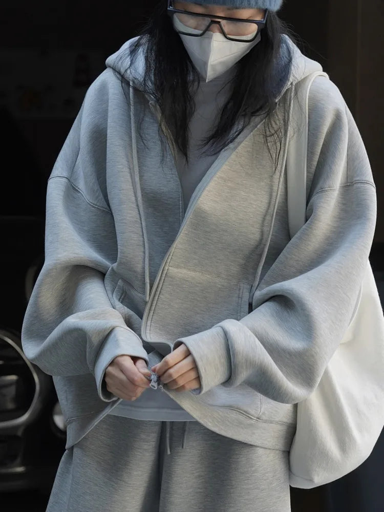 [LANMREM] Minimalism Solid Hooded Cardigan Sweatshirt For Women Drawstring Zipper Long Sleeve Loose Jackets 2025 Autumn New