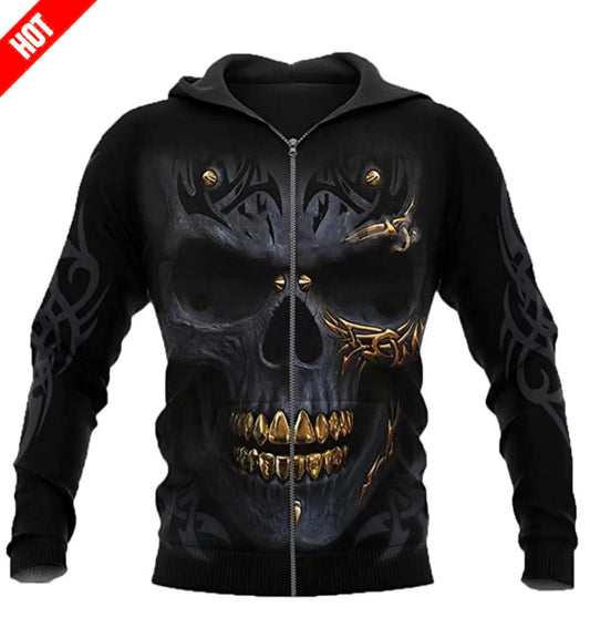 Fashion Sweatshirts Long Sleeve Hoodie Coat Hoodies Men's hoodie 3D gold tooth skull print zipper hoodie casual cardigan