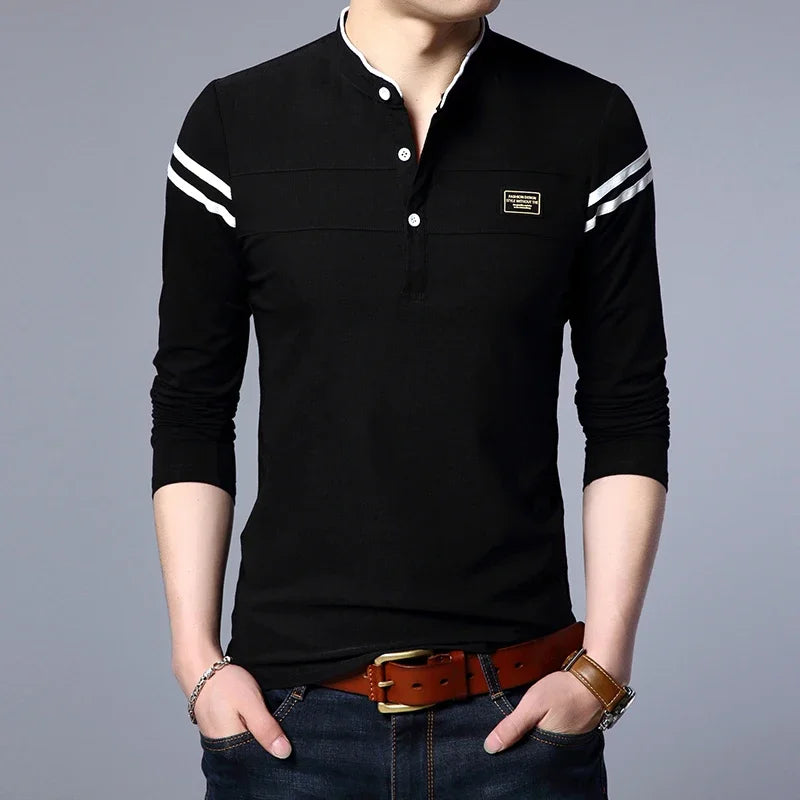 Men's Fashion Long sleeved POLO Shirt Casual Cotton Breathable Top Stand up Collar Korean Comfortable T-shirt Top