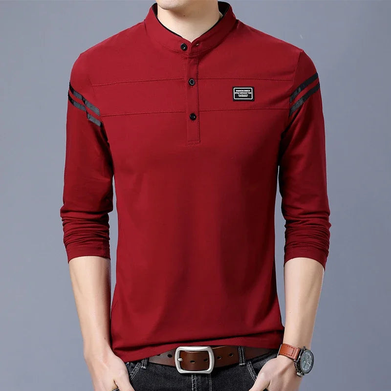 Men's Fashion Long sleeved POLO Shirt Casual Cotton Breathable Top Stand up Collar Korean Comfortable T-shirt Top