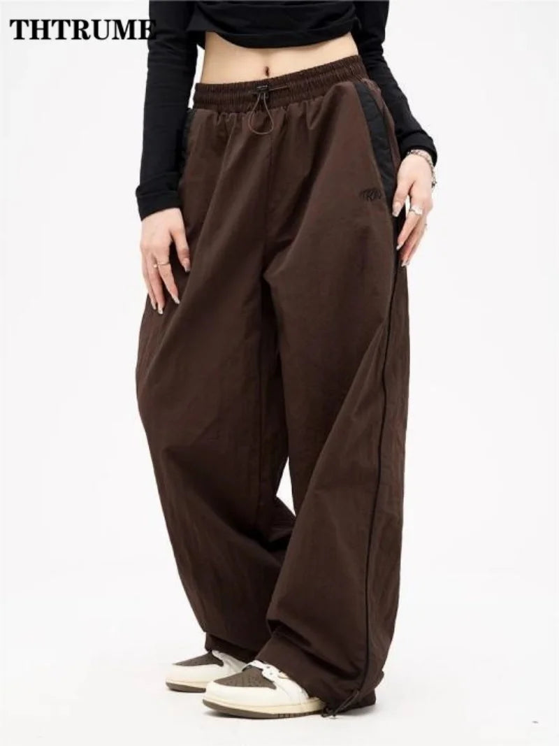 Harajuku Vintage Baggy Pants For Women Fashion Striped Print Pocket Elastic Waist Cargo Trousers Casual Streetwear Wide Leg Pant