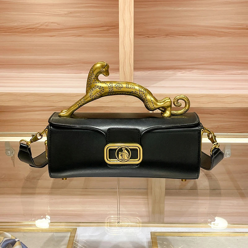 Luxury Brand Leopard Handle Women's Handbag Designer Real Leather Crossbody Shoulder Bag 2023 Ladies Cowhide Versatile Hand Bags