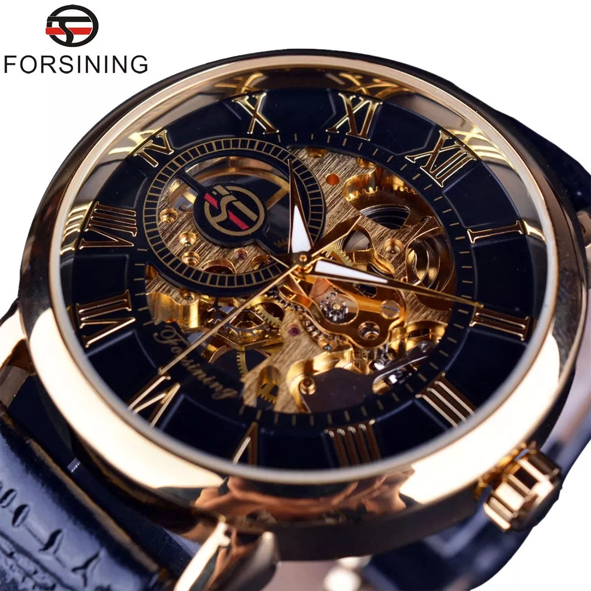 Forsining 3d Logo Design Hollow Engraving Black Gold Case Leather Skeleton Mechanical Watches Men Luxury Brand Heren Horloge