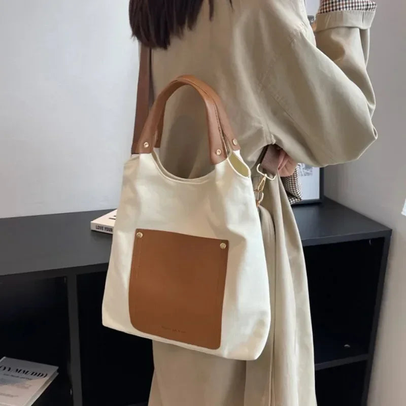 Women's Retro Contrasting Colors Large Capacity Canvas Bucket Bag PU Urban Simplicity One Shoulder Crossbody Hand Bags for Women
