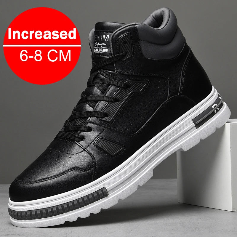New Height Increasing 6/8CM Men's Leather Boots Breathable Casual Shoes Athletic Jogging Gym Shoes Fashion Leather Sports Shoes