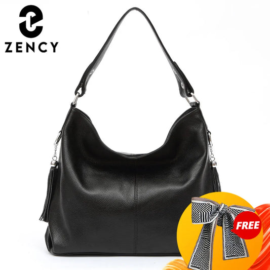 Zency Women Genuine Leather Handbag Black Off White 2023 Casual Shoulder Bag Elegant Brown Crossbody Hobo Bag For Shopper Bolsa