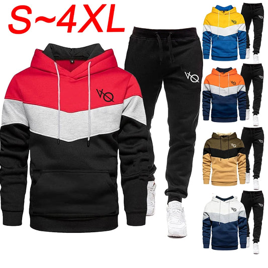 Men's Sports Hoodie Set Fashion Tri Color Panel Long Sleeve Hoodie Two Piece Hooded Sweatshirt+Sweatpants Sports Jogging Set
