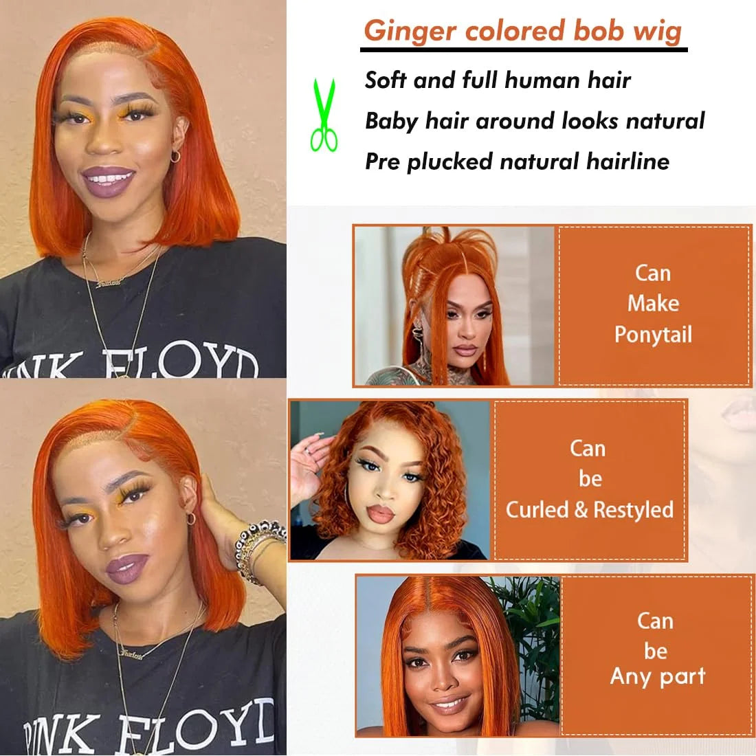 Ginger Orange Bob Wig Human Hair 13x4 Straight Lace Front Wigs Human Hair Pre Plucked 180% Density 350# Colored Bob Wig