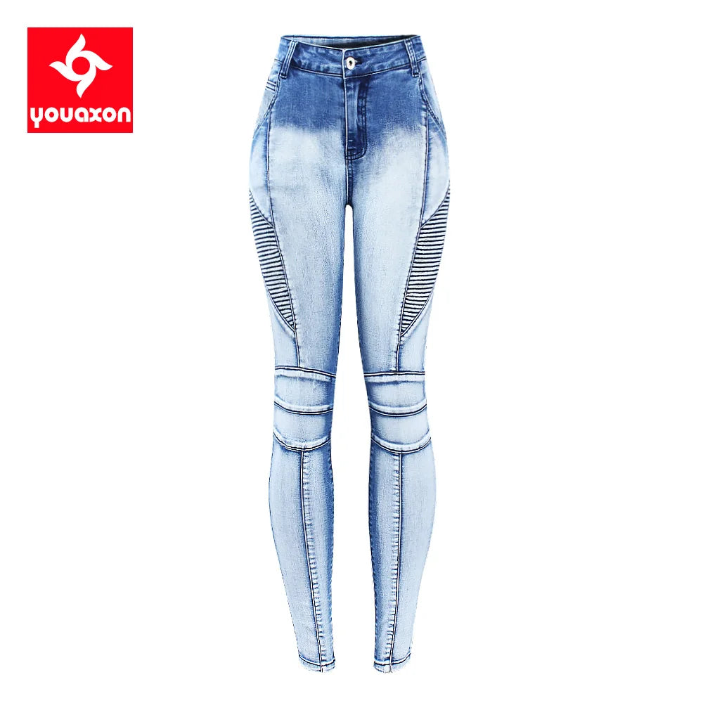 2077 Youaxon Women`s Fashion Motor Biker Style Jeans Mid High Waist Denim Skinny Pants Jeans For Women Clothing Free Shipping
