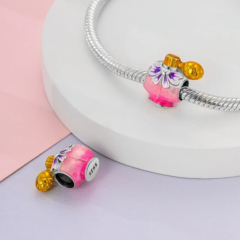 Original S925 Silver Romantic Pink Crown Perfume Bottle Charms Beads Fit Qikaola Bracelets Fine DIY Jewelry Valentine's Day Gift