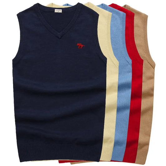 High-quality Pony Vests V-neck Knitted Sweaters Autumn Casual Men Sweaters Pullover Slim Fit 100%Cotton Solid Pullover Plus Size