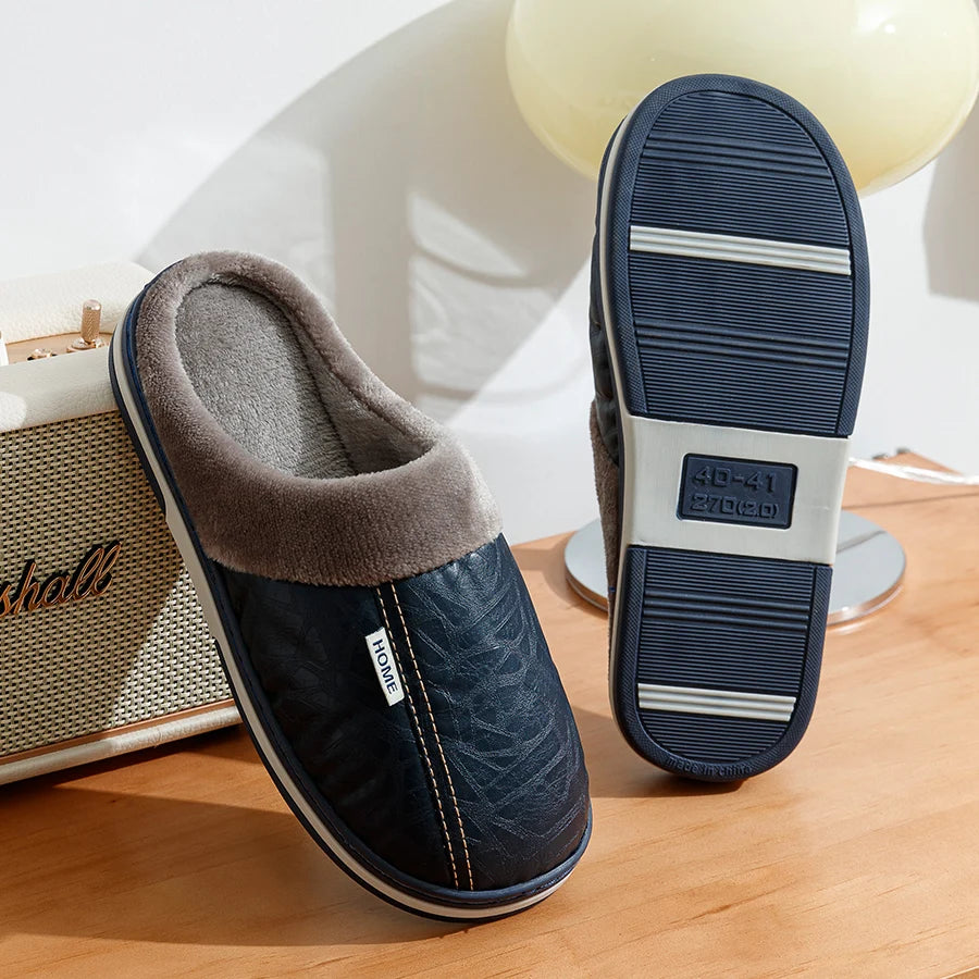 Big Size Men's slippers Winter Indoor Waterproof PU Leather Large Sizes Home Cotton shoes Fur Flat Cotton Bedroom Houseshoes