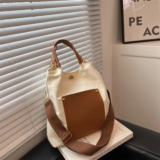 Women's Retro Contrasting Colors Large Capacity Canvas Bucket Bag PU Urban Simplicity One Shoulder Crossbody Hand Bags for Women