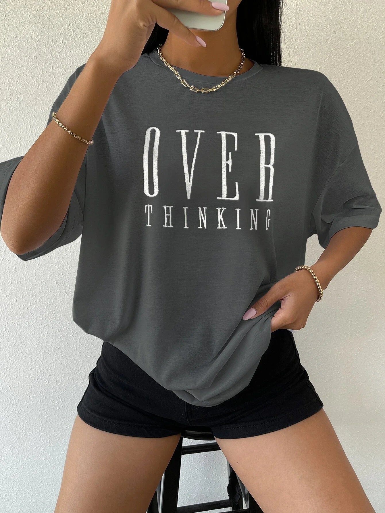 Over Thinking Letter Print Women Cotton Short Sleeve Breathable Vintage O-Neck Tops All-math Casual T-Shirts Female Tee Clothing