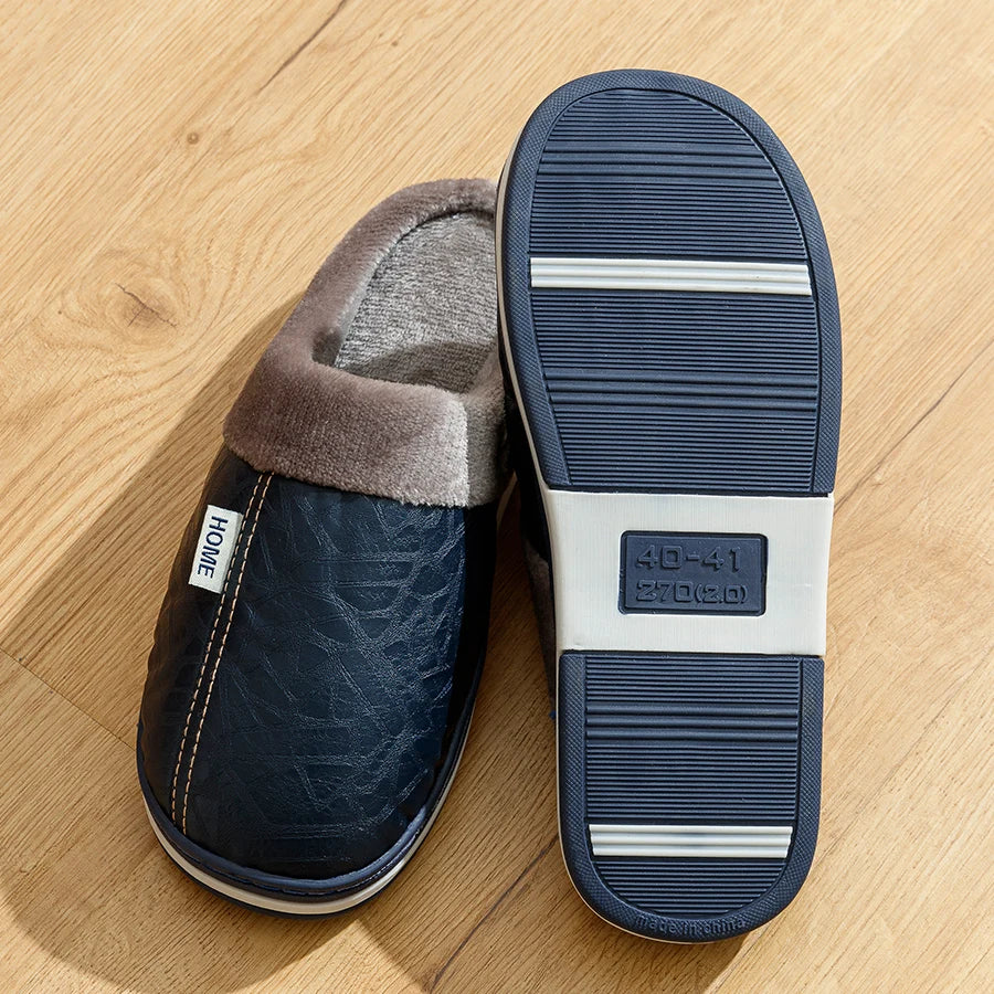 Big Size Men's slippers Winter Indoor Waterproof PU Leather Large Sizes Home Cotton shoes Fur Flat Cotton Bedroom Houseshoes