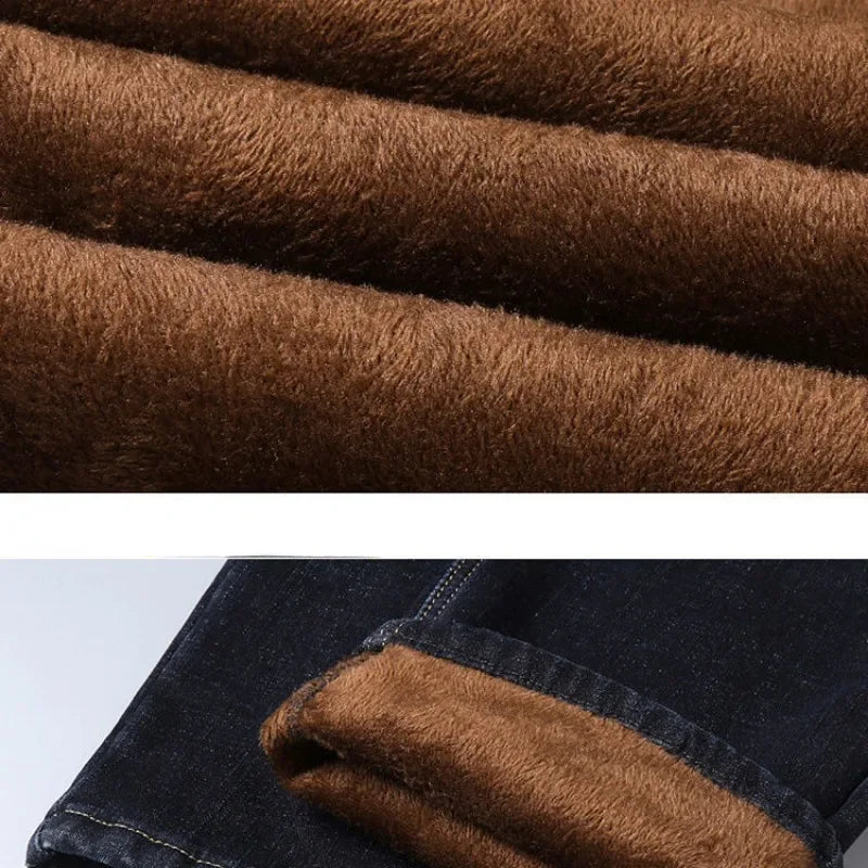 Winter Warm Jeans for Men Thicken Loose Baggy Jeans Pants Black Blue Casual Trousers Men's Clothing