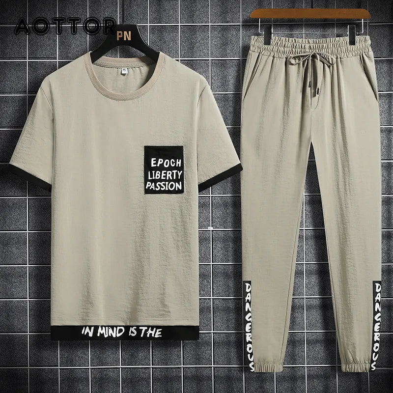 Men's Sets Hip hop Clothes Streetwear Spring Summer Outfit Male T-shirt + Pants Two Pieces Fashion Set Casual Pullover Plus Size