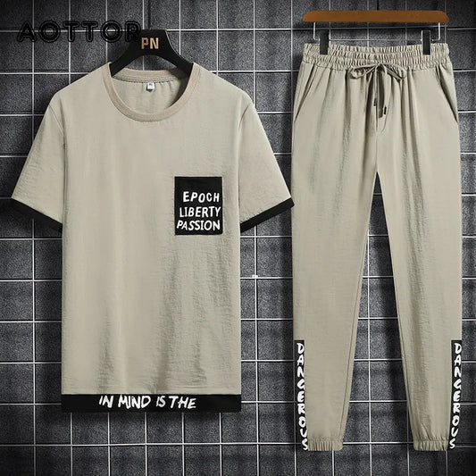 Men's Sets Hip hop Clothes Streetwear Spring Summer Outfit Male T-shirt + Pants Two Pieces Fashion Set Casual Pullover Plus Size