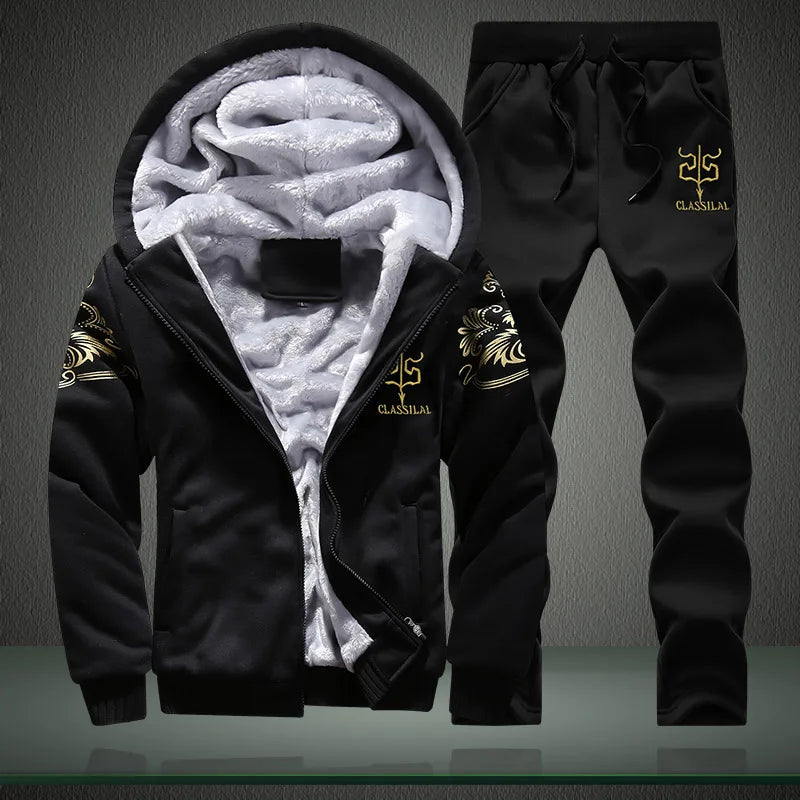 Winter Inner Fleece Hoodies Men 2023 Casual Hooded Warm Sweatshirts Male Thicken Tracksuit 2PC Jacket+Pant Men Moleton Masculino