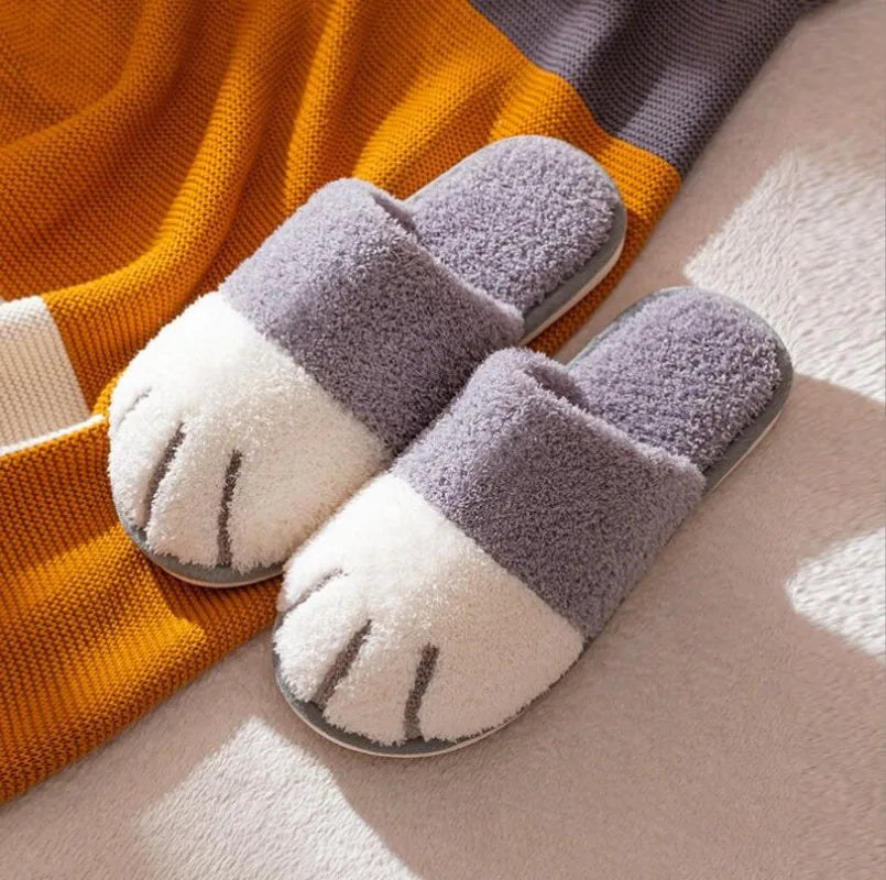 New Winter Warm Plush Slippers Cute Cat Paw Designer House Women Fur Slippers Floor Mute Bedroom Lovers Indoor Fluffy Shoes