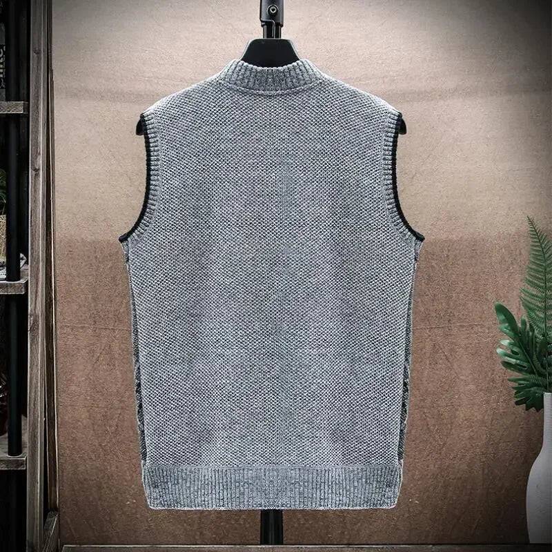 Men's Wool Sweaters Vest Autumn Winter Fleece Warm Casual Zipper Cashmere Sleeveless Solid Sweater Knitted Veste Men Clothes