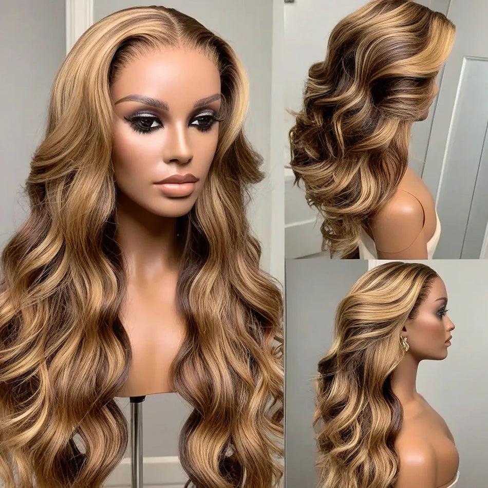 13x6 4/27 Highlight Body Wave HD Lace Frontal Wig 30 inch Curly 13x4 Transparent Lace Front Human Hair Lace Closure Wig