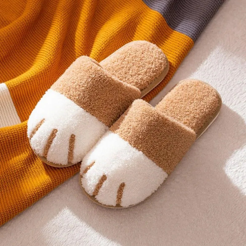 New Winter Warm Plush Slippers Cute Cat Paw Designer House Women Fur Slippers Floor Mute Bedroom Lovers Indoor Fluffy Shoes