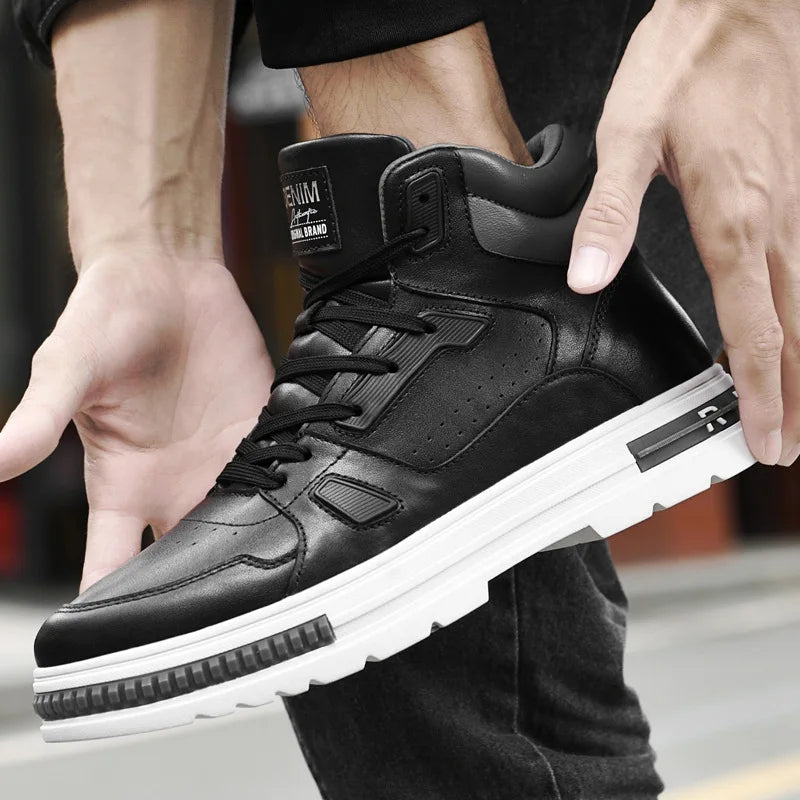 New Height Increasing 6/8CM Men's Leather Boots Breathable Casual Shoes Athletic Jogging Gym Shoes Fashion Leather Sports Shoes