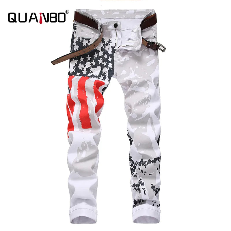 Plus Size 38 40 42 Men's White Jeans QUANBO Brand Men Fashion Casual Printed Jeans Stretch Skinny Denim Jogger Pants